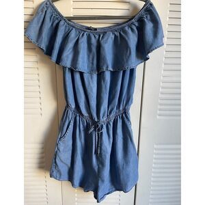IRIS Woman’s Off-the-shoulder Denim Romper Large Size with Pockets & Drawstring